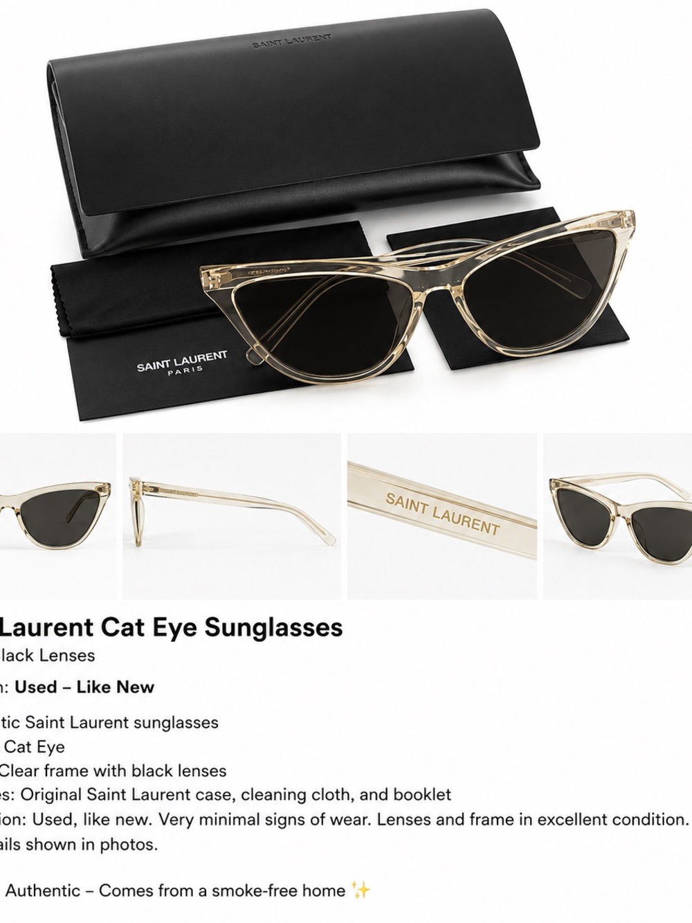 Saint Laurent Clear/Cream Cat Eye Sunglasses with Black Lenses